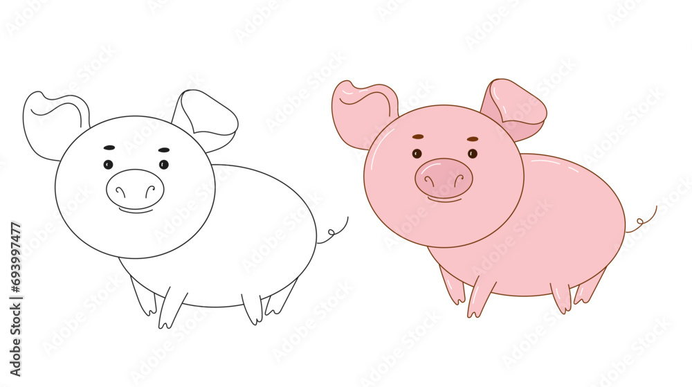 Coloring the Cute Cartoon Pig.Cute funny cartoon farm pig character, vector farm animal illustration for kids. Coloring the Cute Cartoon Pig.Cute funny cartoon farm pig character, vector farm animal illustration for kids.