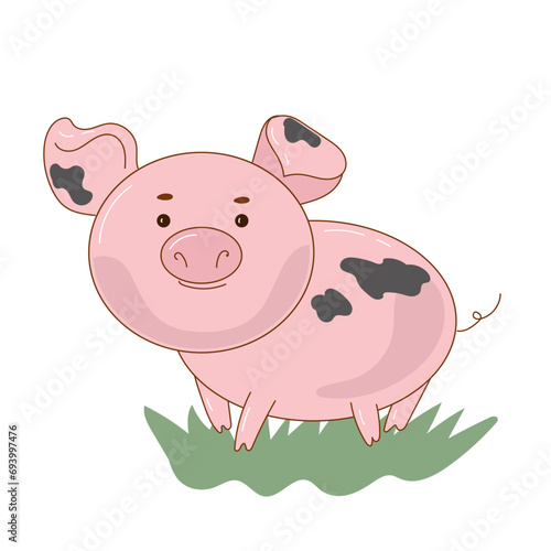 Cute funny cartoon pig character, vector farm animal illustration for kids.