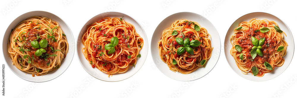 Set of pasta spaghetti on transparent background. Noodles with spicy sauce in plate isolated on white background. Classic italian cuisine dish. Generative AI - obrazy, fototapety, plakaty 
