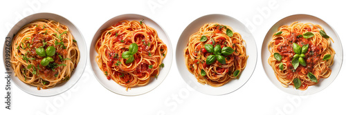 Set of pasta spaghetti on transparent background. Noodles with spicy sauce in plate isolated on white background. Classic italian cuisine dish. Generative AI photo