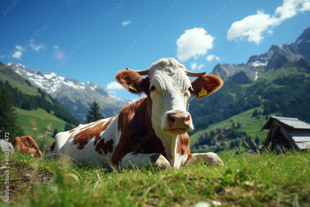 Cute cow grazing on green grass in a mountain valley Cute cow grazing on green grass in a mountain valley