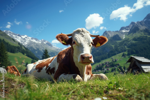 Cute cow grazing on green grass in a mountain valley