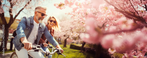 art an adult couple rides bicycles in a spring park with a joyful and peaceful mood of happiness. outdoor fitness. healthy lifestyle. Generative AI photo