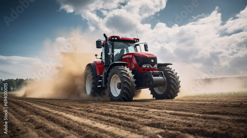 Tractor plowing a field, with dust being kicked up by the tires