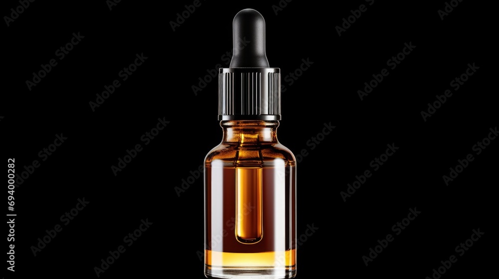A bottle of essential oil on a black background. Perfect for aromatherapy and wellness concepts A bottle of essential oil on a black background. Perfect for aromatherapy and wellness concepts