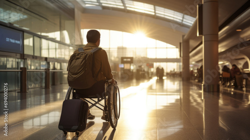Person sitting in a wheelchair at an airport terminal