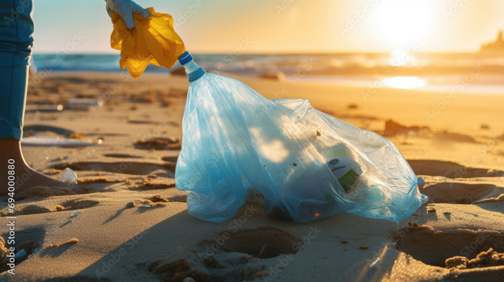 Person wearing gloves holding a bag filled with collected trash, participating in a beach cleanup - obrazy, fototapety, plakaty 
