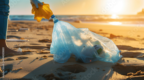 Person wearing gloves holding a bag filled with collected trash, participating in a beach cleanup photo
