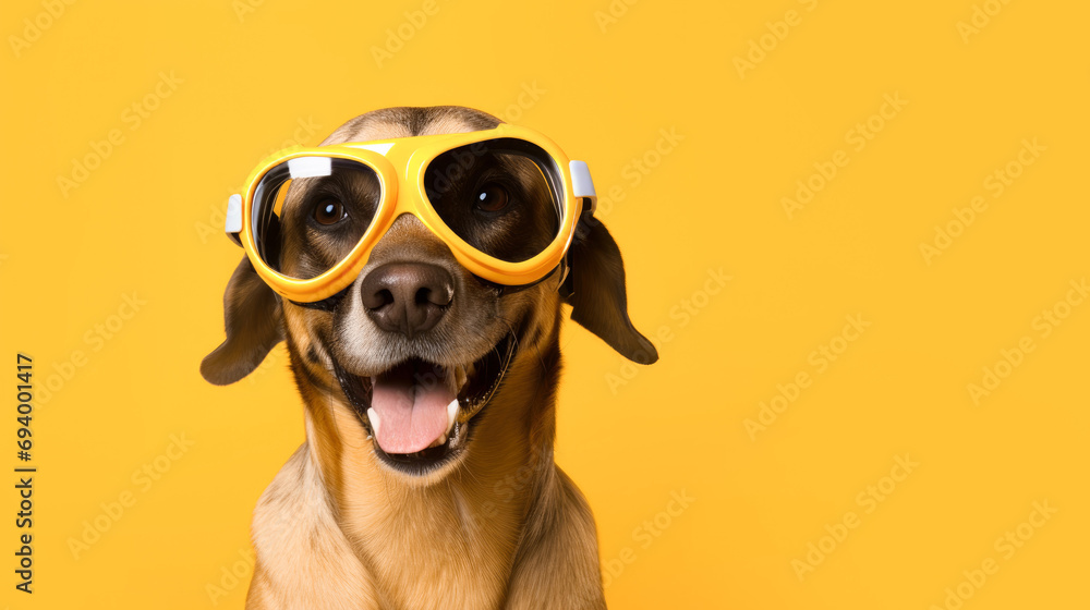Cute dog wearing a swimming mask on a yellow background