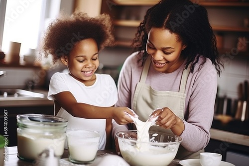 A woman and a little girl are seen mixing ingredients together in a kitchen. This image can be used to depict family bonding, cooking, and teaching children about food preparation photo