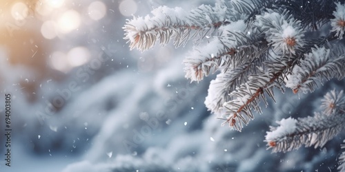 A close-up view of a pine tree covered in snow. Perfect for winter-themed designs and nature backgrounds
