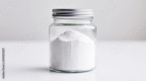 Jar with white powder on a white background.
