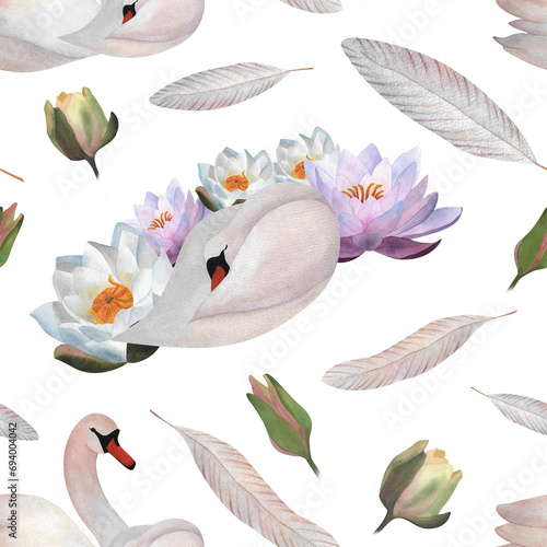 Watercolor swans and waterlilies seamless pattern Hand drawn print with pastel birds, flowers and feathers for textile, wrapping paper, clothes, baby decor 2024, wallpaper Print on white background