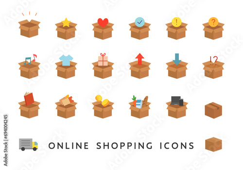宅配・ネット通販の箱にまつわるアイコンセット（フラット）
