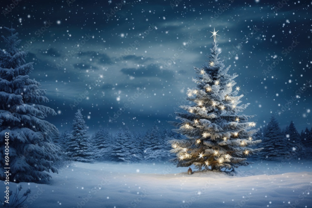 A beautifully lit up Christmas tree stands tall in the snowy landscape. Perfect for holiday-themed designs and winter celebrations