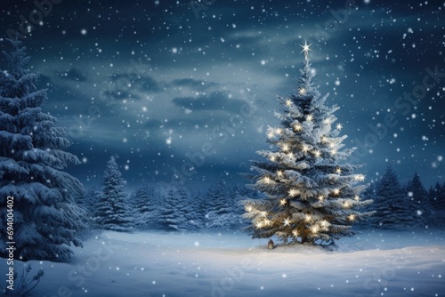A beautifully lit up Christmas tree stands tall in the snowy landscape. Perfect for holiday-themed designs and winter celebrations © Fotograf