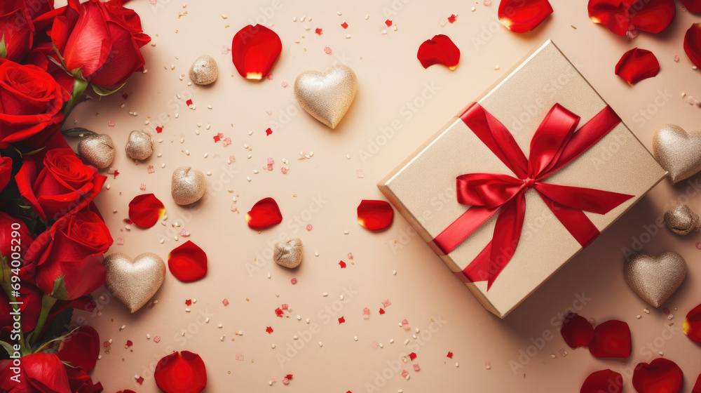 Gift box tied with a ribbon, surrounded by small hearts and a bokeh light effect on a pink background, suggesting a romantic occasion like Valentine's Day.