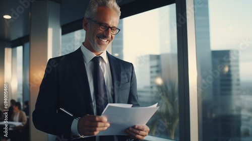 businessman with eyeglasses standing with clipboard and pen in hands and seriously reading details while standing in office in daylight against blurred background