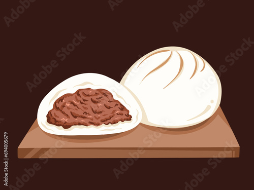 Meat bun with minced chicken or pork meat. Steamed pork buns bakpao bao zi chinese dim sum vector food illustration isolated on horizontal dark background. Simple flat cartoon dish drawing.