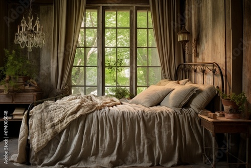 Cozy bedroom with a wrought-iron bed frame, draped in layers of soft textiles, and a bedside table crafted from reclaimed barnwood