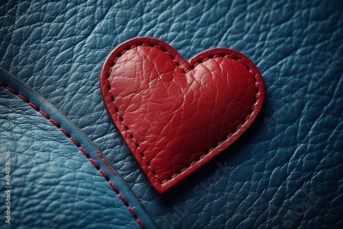 Leather heart stitched to denim.