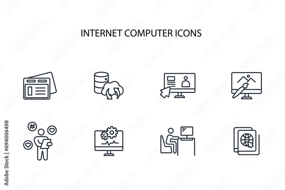 Internet computer icon set.vector.Editable stroke.linear style sign for use web design,logo.Symbol illustration. Internet computer icon set.vector.Editable stroke.linear style sign for use web design,logo.Symbol illustration.