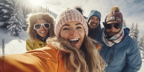 A group of people capturing a moment by taking a selfie in the snow. Perfect for winter memories and social media posts