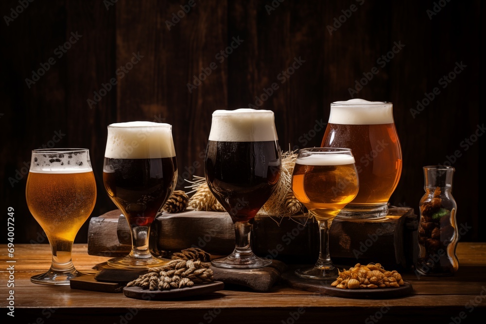 Craft Beers Displayed with Brewing Ingredients Craft Beers Displayed with Brewing Ingredients