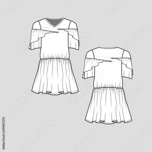 Fashion Ruffles dress v neck fashion Ruffles layered Sleeve waist gathering ruffles flounce detail fashion  t shirt top blouse flat sketch technical drawing design template vector