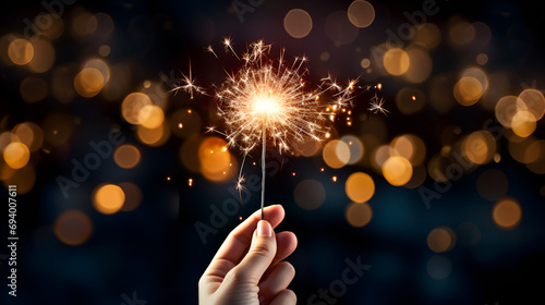 a human hand holding a Christmas or new year festive party sparkler burning and shinning, fairy bokeh lights in the background, hand holding fireworks, Hand Holding Burning Sparkler, Dark Vintage Boke