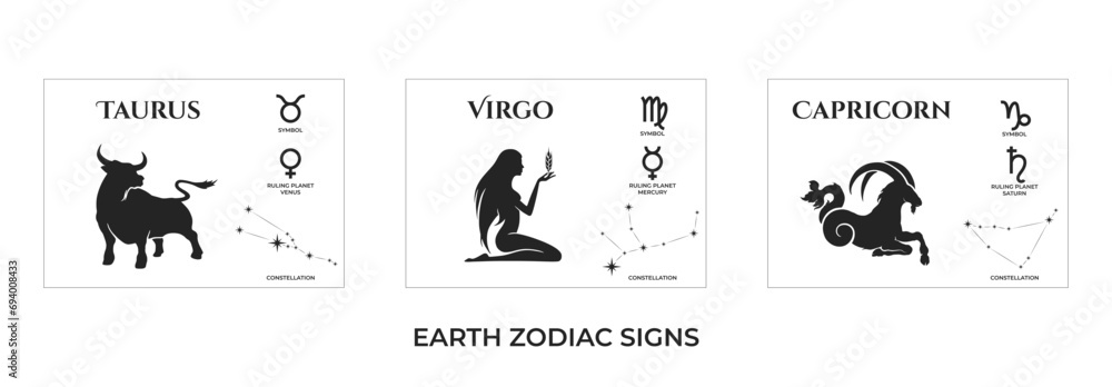 earth zodiac signs. taurus, virgo and capricorn. constellation and ...