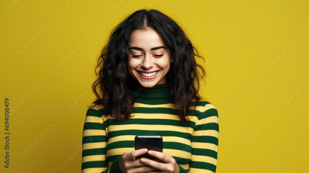 Fototapeta premium Woman is using a smartphone, wearing a striped sweater against colored background