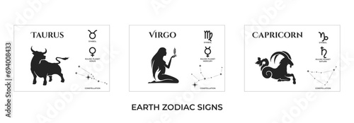 earth zodiac signs. taurus, virgo and capricorn. constellation and ruling planet symbol. astrology and horoscope symbol photo