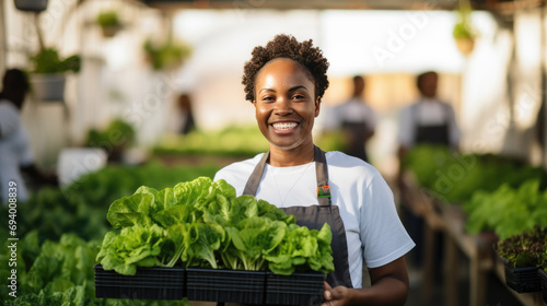Woman farmer in an apron holding fresh lettuce in a greenhouse