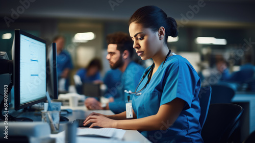 Healthcare worker in blue scrubs writing on a medical chart, indicating a busy hospital or clinic setting. photo