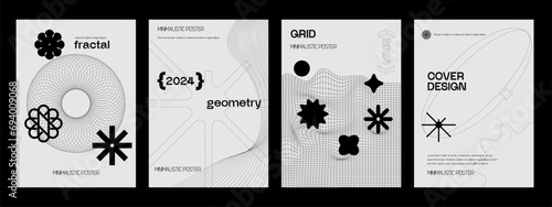 Futuristic retro vector minimalistic Posters with strange wireframes graphic assets of geometrical shapes modern design inspired by brutalism and silhouette basic figure.