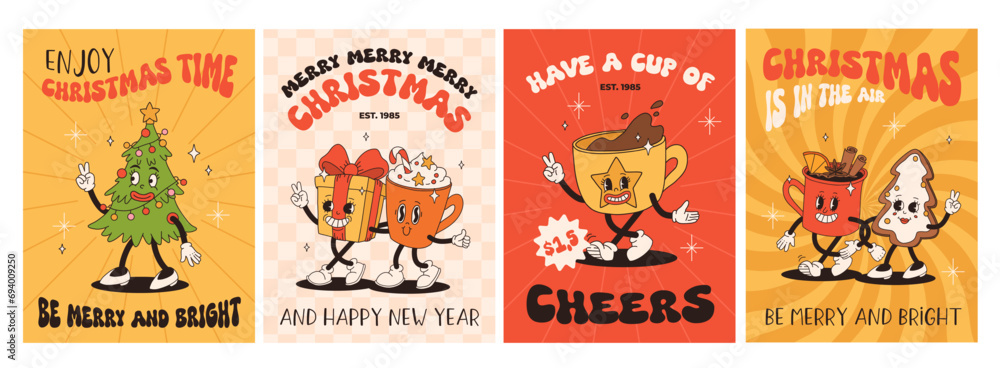 Funny Retro cartoon Christmas characters in groovy 50s, 60s, 70s Vintage Style. Happy new year mascot with hot coffee, cocoa, gingerbread, cupcake, santa, present. Xmas vintage characters.