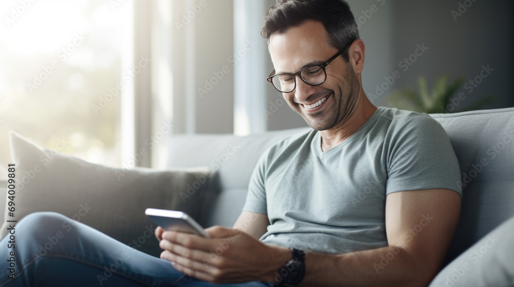 Smiling man sits on the sofa at home and holding his smartphone in his hands