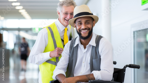 Airport staff member in a safety vest smiling and providing assistance to a man in a wheelchair