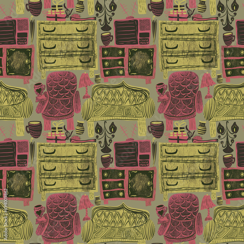 Seamless pattern with furniture and interior items in pink and ocher tones on a gray background. Small format. Digital illustration. Accessories for interior design, wallpaper, fabrics, clothing