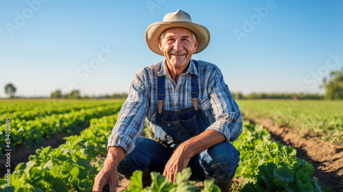 Smiling senior man farmer wearing a straw hat kneeling in a field © MP Studio