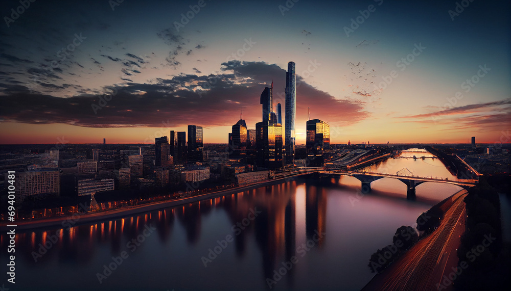 High resolution aerial panoramic view of Frankfurt, Germany after sunset day concept background, Ai generated image.