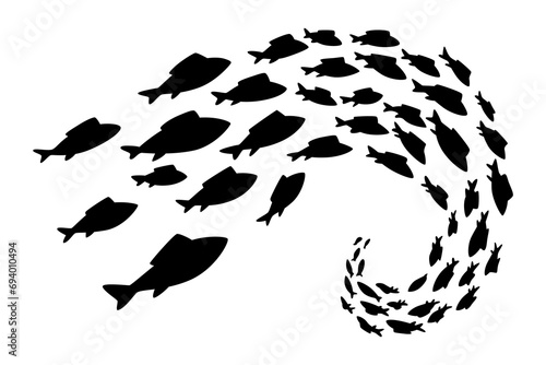Fish school or shoal,  silhouette. Shoal of fishes isolated on white. Sea fishes group in ocean or marine water. Illustration of colony small fish photo