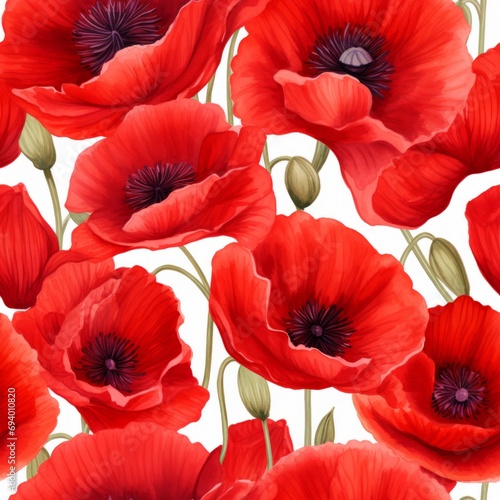 Vibrant Watercolor Red Poppies Pattern AI Generated