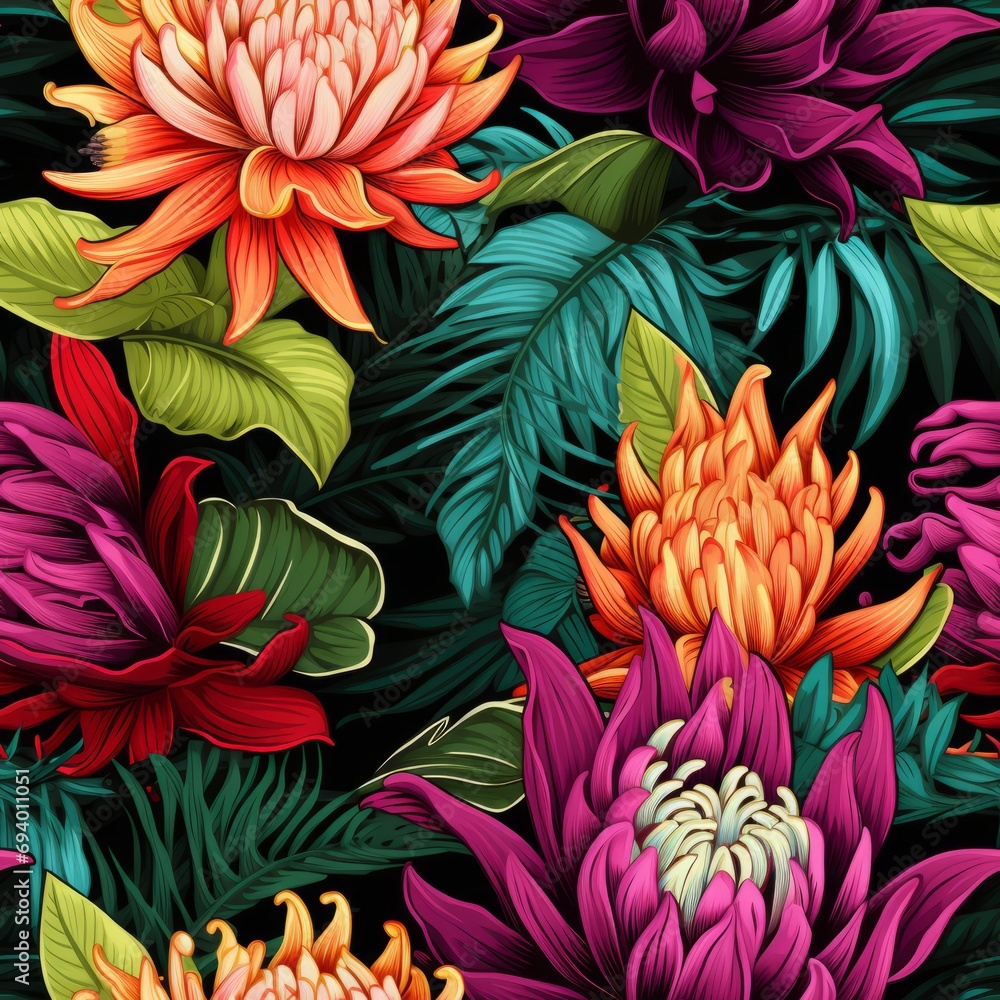 Bold Tropical Floral Pattern with Large Colorful Blooms AI Generated