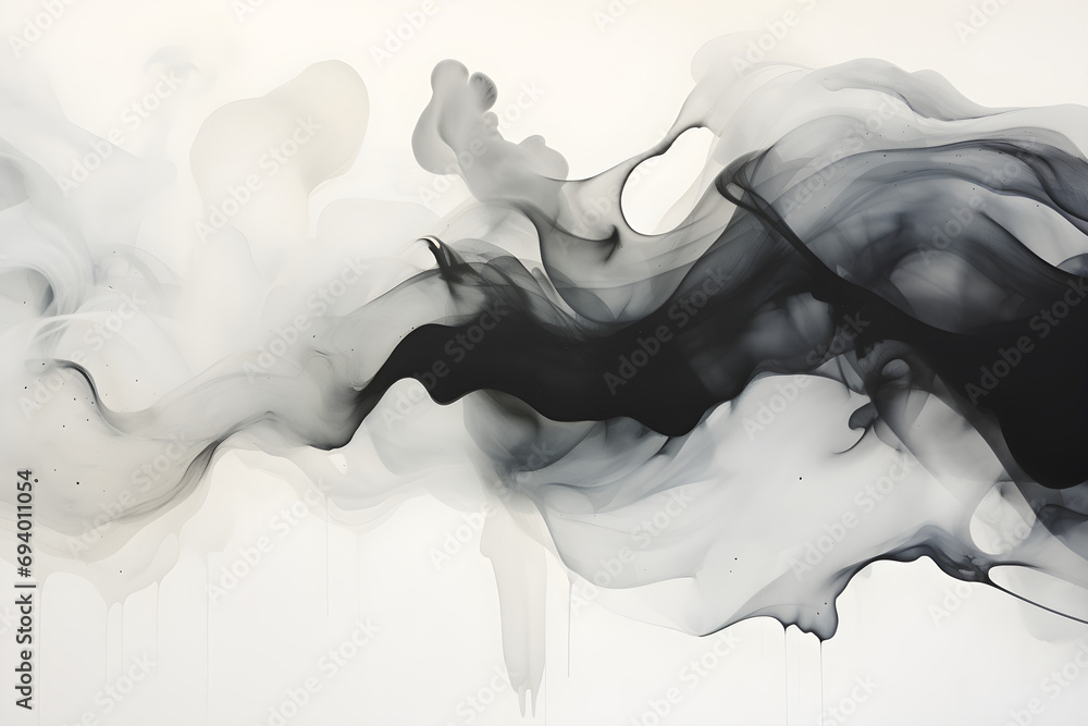 abstract black ink and water wash on white background - obrazy, fototapety, plakaty 