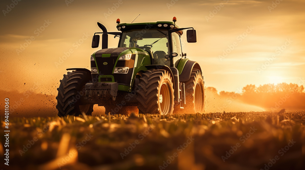 Obraz premium Tractor plowing a field, with dust being kicked up by the tires