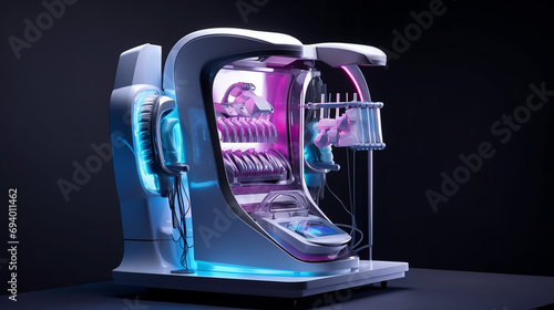 CAD CAM dental computer-aided machine. Digital modern dental laboratory for prosthesis and crowns milling on black background photo