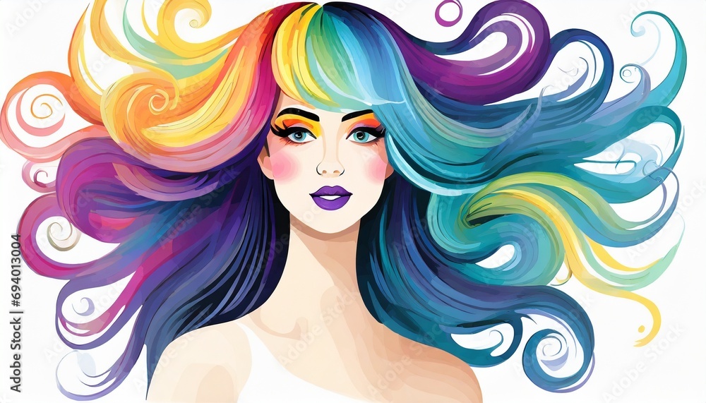  Pretty girl with colorful hair. Young woman with bright makeup and rainbow dyed hairstyle. Female face on background of colored fluttering curls. Professional haircut and coloring