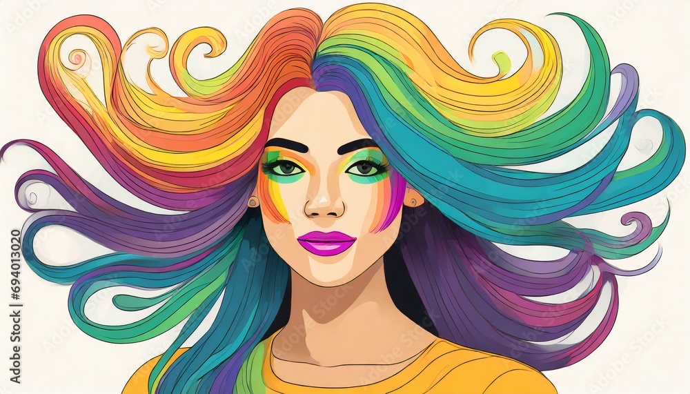 Fototapeta premium Pretty girl with colorful hair. Young woman with bright makeup and rainbow dyed hairstyle. Female face on background of colored fluttering curls. Professional haircut and coloring